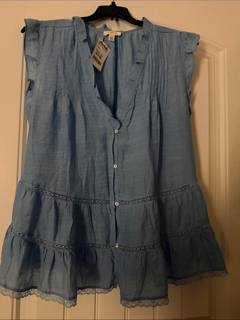 Sleeveless Light Blue Button-Front Ruffle Tiered Blouse